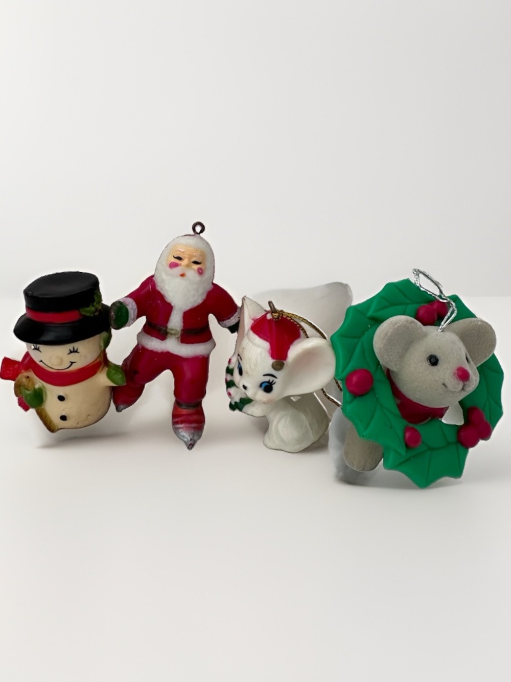 LOT OF 4 VINTAGE HARD PLASTIC ORNAMENT SANTA SNOWMAN MOUSE